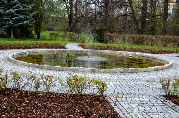 圆池内有观赏性锦鲤鱼。有一个种植玫瑰的区域。中间是一个喷泉。为在鹅卵石。背景是树的小巷图片下载