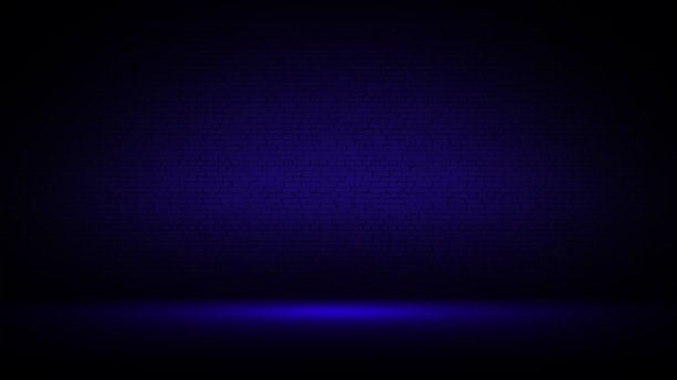 深蓝色的工作室内部，砖墙。背景与砖墙纹理安装，产品植入，模板，模型。蓝色横幅，广告设计图片下载