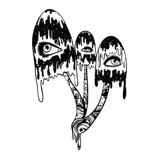 有眼睛和粘液的黑白蘑菇。神奇蘑菇矢量插图图片下载
