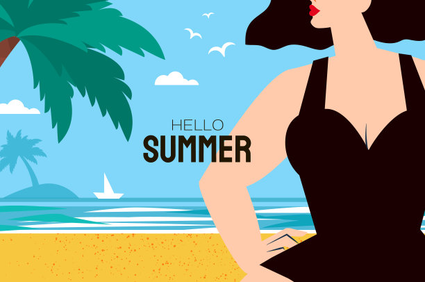 你好,夏天。时间旅行。快乐的年轻女子在热带海滩上穿着黑色泳衣。夏季。大海，天空，棕榈树和美丽的海滩。图片下载