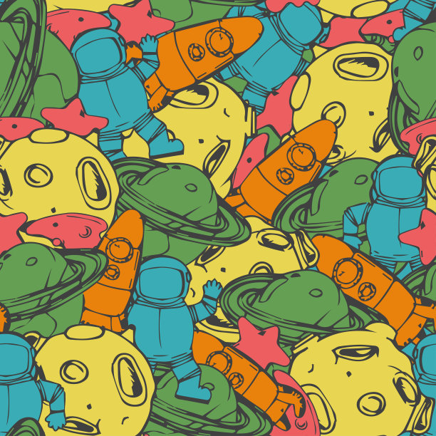 有趣的空间无缝图案与火箭，月球，行星和恒星孤立在白色背景。幼稚的涂鸦风格矢量插图。宇宙元素的无缝图案。图片下载