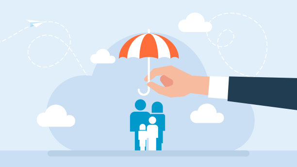 保护家人免受危险。人寿保险作为医疗保障和家庭安全。财政支持。伞作为风险援助和防范的象征。平面设计。商业插图图片下载