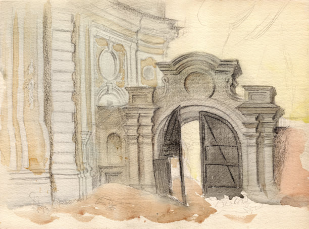 用彩色铅笔在水彩纸上画的复古风景。切尔尼hiv三位一体修道院的入口图片下载