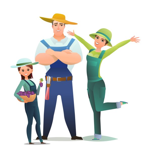男人，女人和女儿穿着工装裤的农民。农业工人。开朗的人。站立姿势。卡通漫画的风格。插图孤立的白色背景。向量图片下载