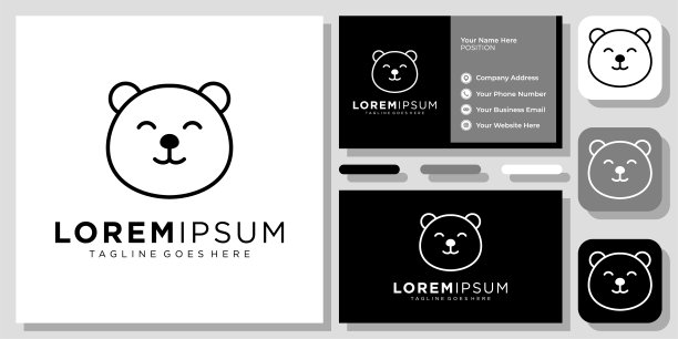 简单的熊头动物野生动物线轮廓现代图标标志设计与名片模板图片下载