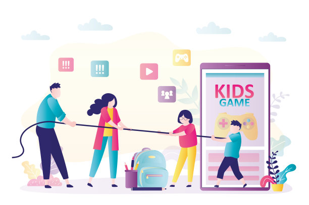 孩子和家长拉绳子。父母让孩子学习，青少年想玩手机游戏。网络和网瘾。心理学和时间管理的问题。图片下载