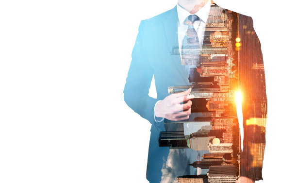 穿着黑色西装的商人和纽约的摩天大楼。模拟了图片下载