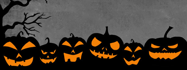 万圣节背景横幅模板-可怕的剪影雕刻夜光卡通南瓜和树木孤立在深灰色灰色的夜晚图片下载