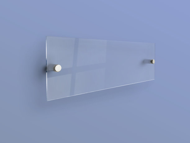 空白蓝色矩形玻璃办公室公司在白色背景标牌板模拟模板，清楚印刷板的品牌，标志。亚克力广告招牌模型侧视图。图片下载