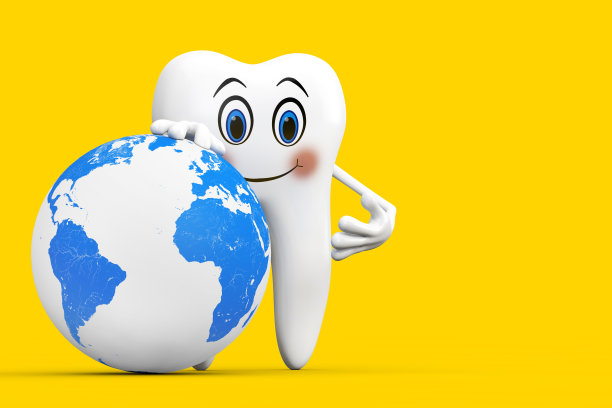 白色牙齿人物角色吉祥物与地球。3d渲染图片下载