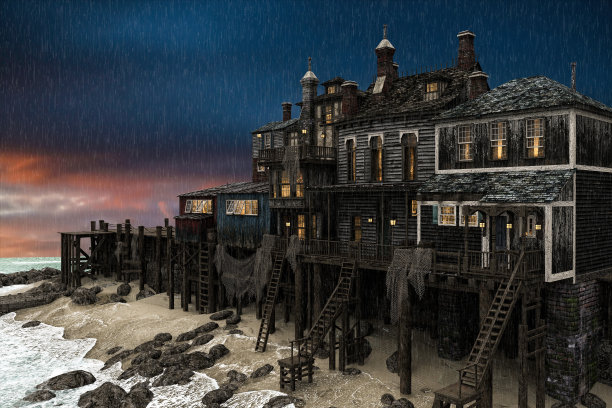 雨中暴风雨海岸场景的3D插图。海盗和渔民的家园。古老的木制建筑，渔网挂在船的系泊柱上。图片下载