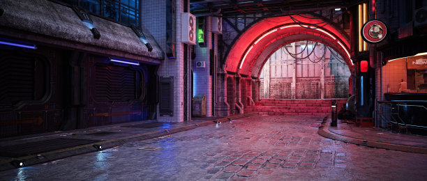 夜间反乌托邦赛博朋克城市街道的全景3D插图。图片下载