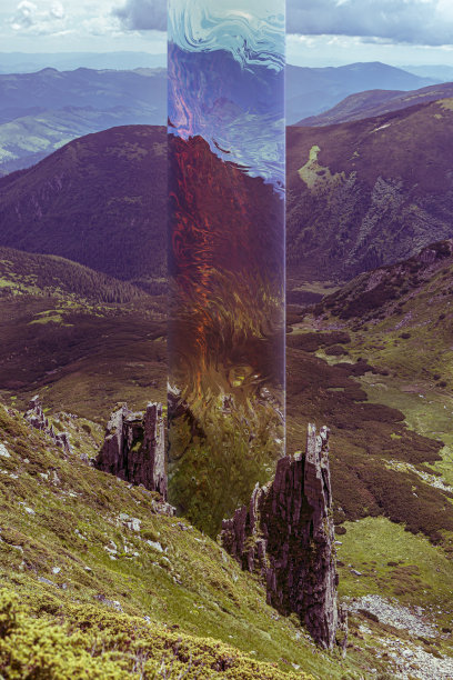 春天的景观山上覆盖着草和阴天与未来主义的设计元素。设计为您的设备屏幕墙纸，海报，图片图片下载