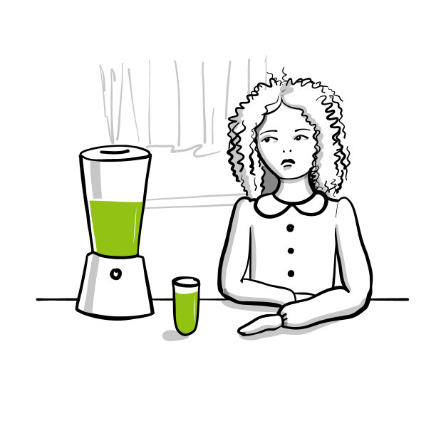 不开心的女孩正看着绿色奶昔的搅拌器。向量图片下载
