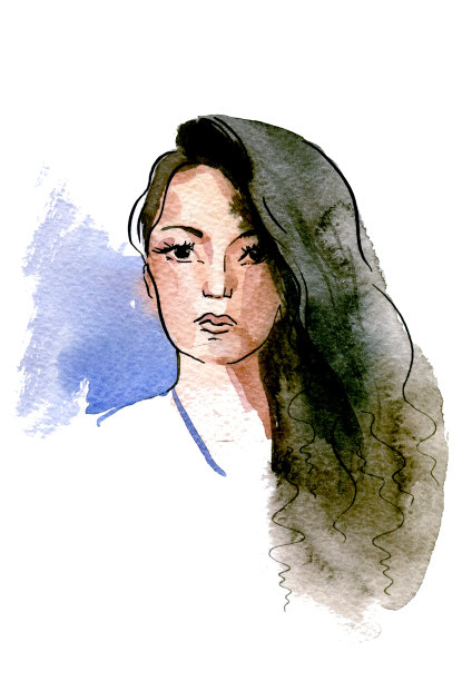 一个乌黑长发披在肩上的女孩。图片下载