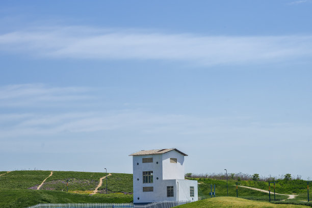 阳光明媚的日子里，一座拥有桥梁、草坪和现代建筑的现代公园图片下载