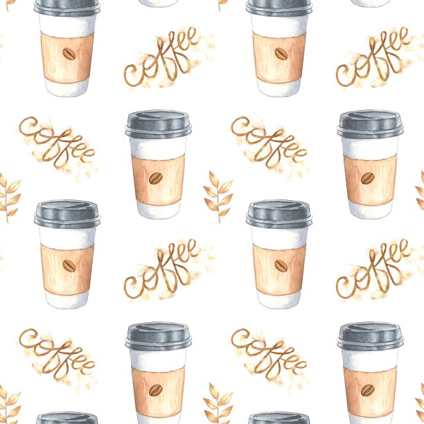 无缝图案与咖啡上的白色背景，水彩图片下载