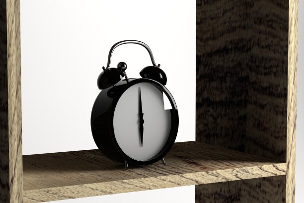 闹钟放在一个白色背景的木架子上。三维渲染图片下载