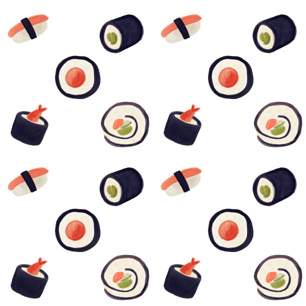 水彩四时卷无缝图案。背景寿司卷设置在白色背景。水彩无缝图案菜单，包装设计。图片下载
