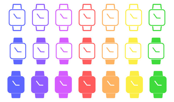 一套彩色智能手表图标。手表的象征。标记腕带时钟矢量。图片下载