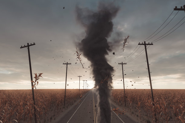 以龙卷风为中心的道路3d渲染。在枯萎的玉米地和电线杆之间图片下载