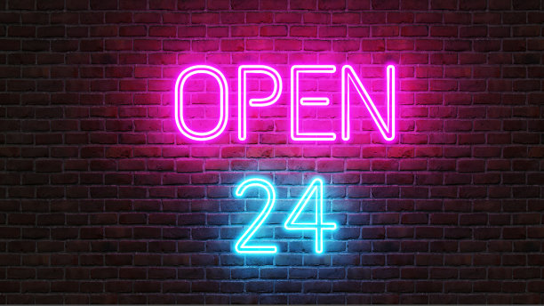 24小时开放的霓虹灯招牌在砖墙上。三维渲染图片下载