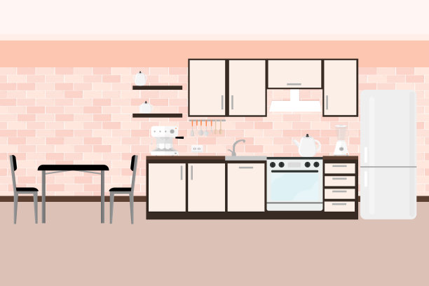 漂亮的厨房，配有烹饪食物的家用电器、冰箱、烤箱、灶台、橱柜和架子图片下载