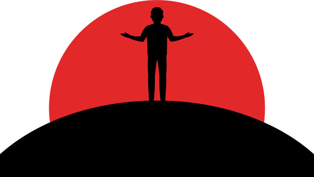 一个男人耸耸肩，一个人站在山上的夕阳图片下载