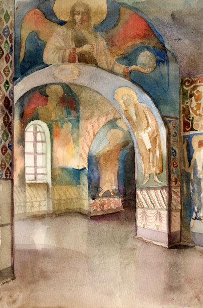 老式的水彩画。基辅圣西里尔教堂的古老内部图片下载