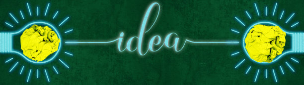 字母与词的想法-创新的商业愿景或解决方案的概念，创意的想法，头脑风暴或教育学校背景横幅全景-黄色皱纸灯泡，灯泡和暗绿色黑板纹理图片下载