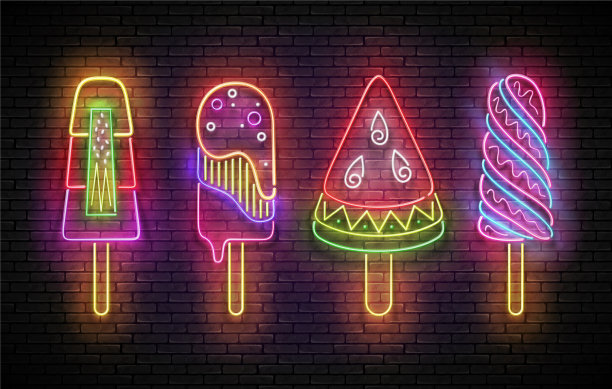 在发光招牌上放置不同的冰淇淋图片下载