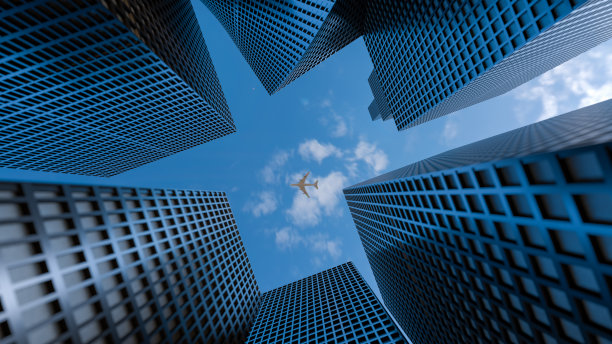 航空运输的概念。对钢、玻璃、淡蓝色的高楼大厦、摩天大楼、未来之城和飞机的透视。商务和旅行的概念。3 d渲染。三维演示图片下载