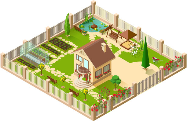 私人乡村别墅和花园三维等距图片下载