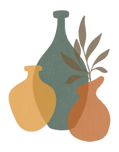 花瓶和植物的手绘抽象构图。带有透明效果和纹理的泥土色调。用于海报，卡片，家居装饰，设计，印刷，纺织，织物，商店，背景图片下载