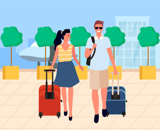一对夫妇带着行李从机场走出来图片下载