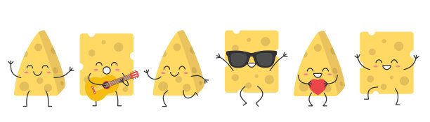 Set pieces奶酪可爱的角色卡通问候跳跃爱唱歌跑笑脸快乐快乐的情绪向量插图。图片下载
