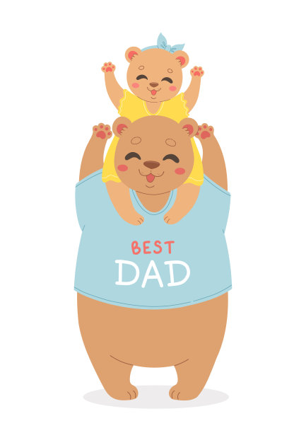 父亲节明信片，最好的爸爸，爸爸和女儿熊，卡通矢量图片下载