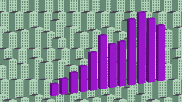 灰色建筑背景下的增长紫色业务图表。房地产。租公寓。销售租赁公寓。房价上涨概念。金融和经济。通货膨胀。建筑行业。图片下载
