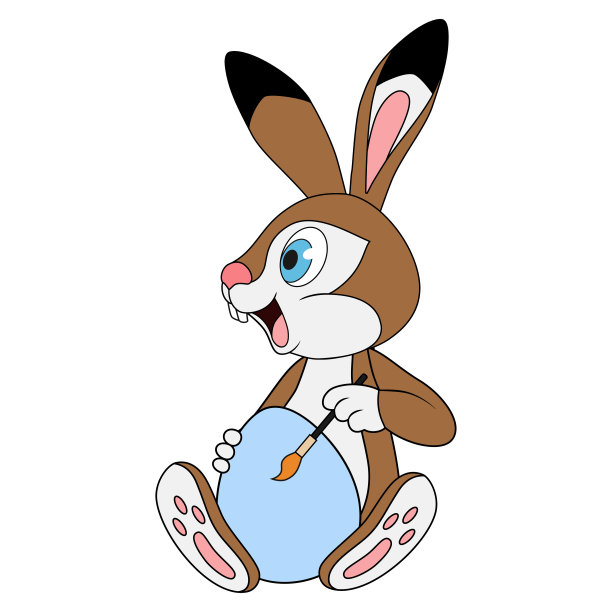 可爱的小复活节兔子是画家。微笑的兔子抱着并画复活节彩蛋。卡通人物兔子。庆祝或教育卡模板设计元素。复活节快乐。春天的节日。图片下载