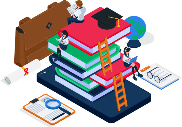 一群学生一起做在线教育学习，坐在大书上写作文。等距电子学习插图概念。一群人读书，有声读物，椅子，眼镜，矢量图片下载