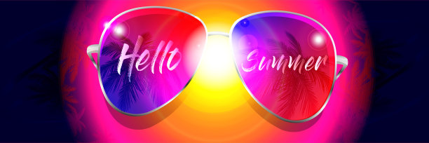 你好,夏天!明亮的太阳镜与椰子树反射彩色抽象的热带背景。创意矢量插图的EPS格式。图片下载