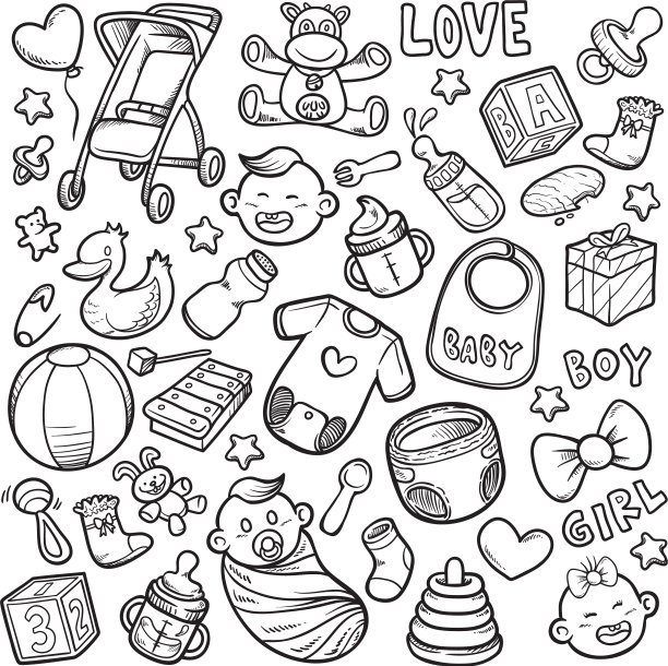 涂鸦婴儿淋浴图标设置股票轮廓图片下载