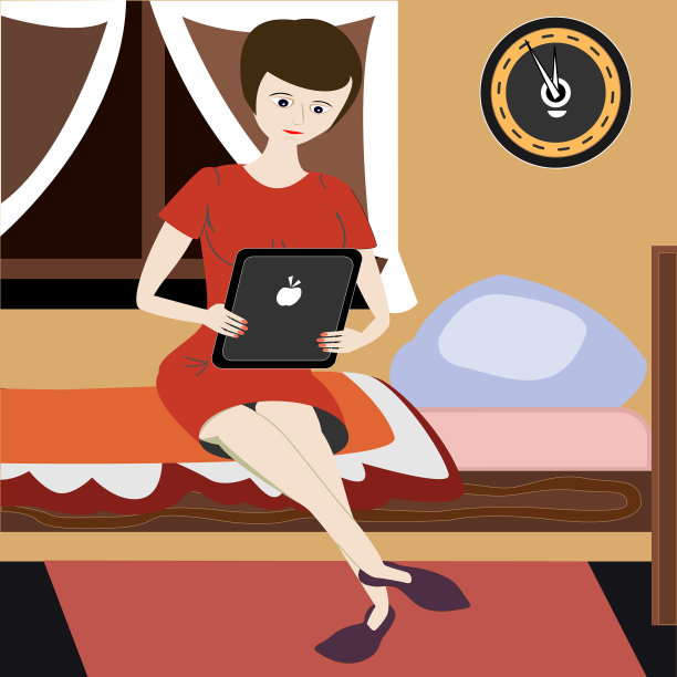 女孩在卧室里用平板电脑看书图片下载