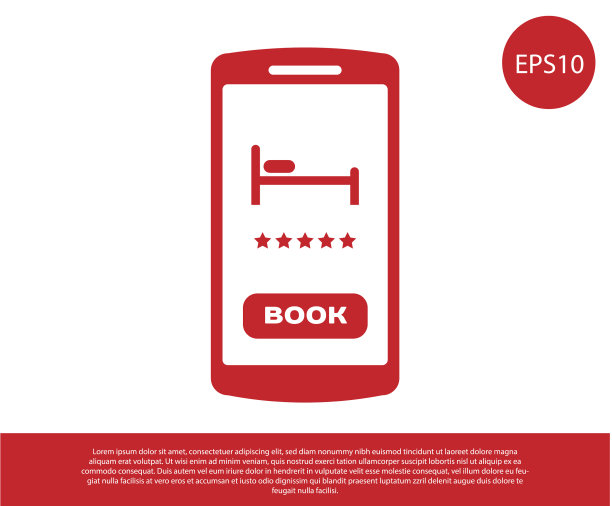 红色的在线酒店预订图标孤立在白色上图片下载