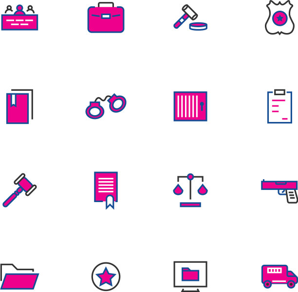 16种颜色的蓝色和粉红色的法律细线图标图片下载