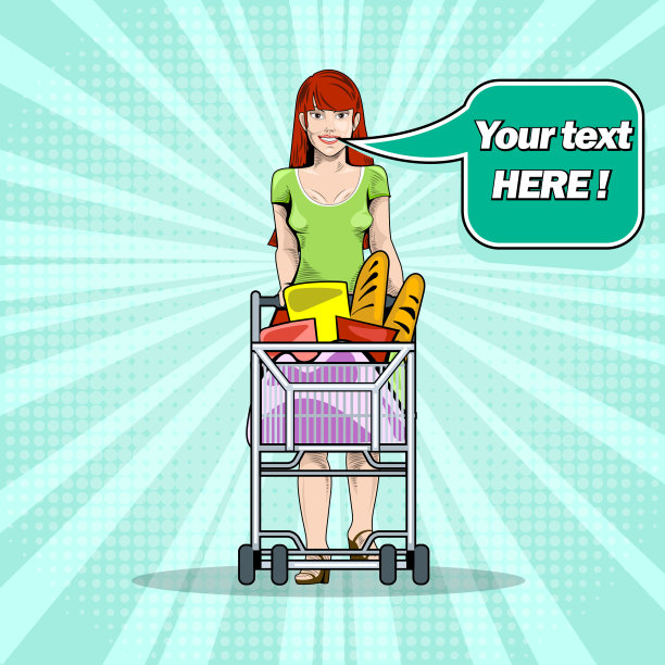 超市里，一个女孩推着手推车买杂货图片下载