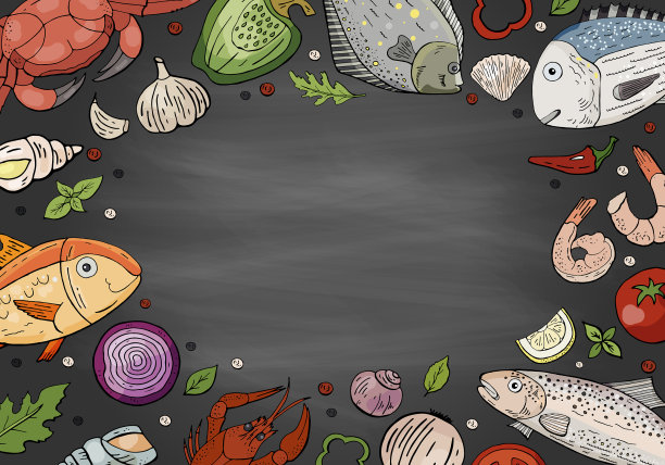 大海鲜集和蔬菜在黑板上的手图片下载