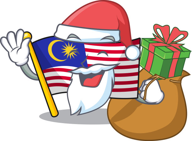 圣诞老人带着礼物，马来西亚吉祥物的旗帜保持在图片下载