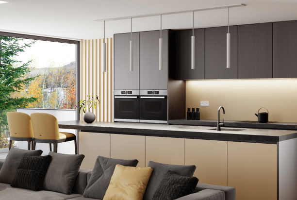 现代简约意式风格的黑金豪华客厅与开放式厨房图片下载