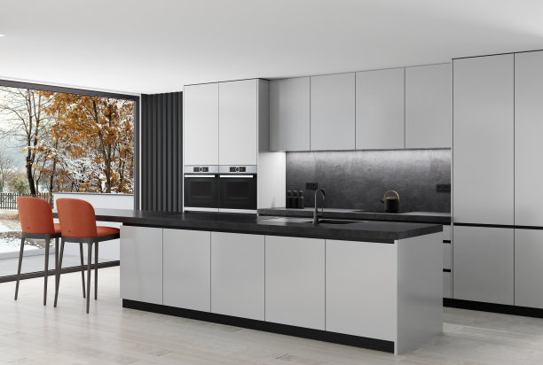 黑白内饰客厅与现代简约意大利风格开放式厨房图片下载